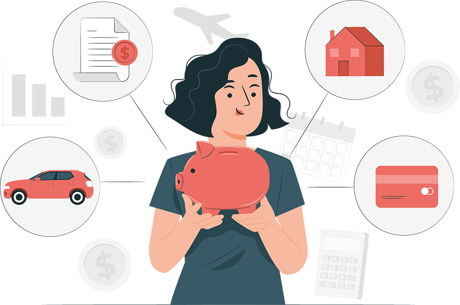 Ilustración de mujer sosteniendo sus ahorros y pensando en carro, contrato, casa, tarjeta de crédito